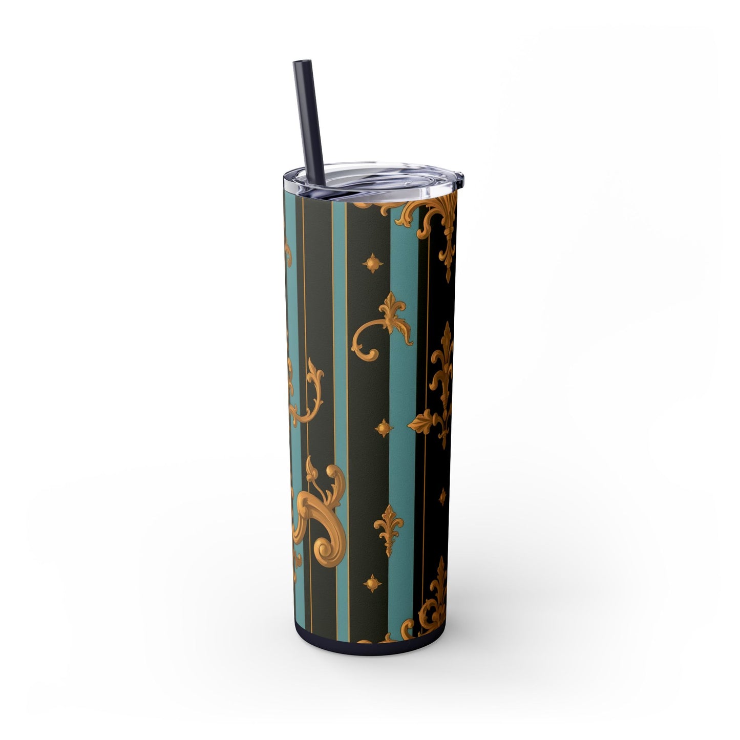 Elegant Vintage Skinny Tumbler with Straw, 20oz | Gold Floral Pattern, Reusable Drinkware, Perfect for Home - Black & Turquoise Striped Baroque