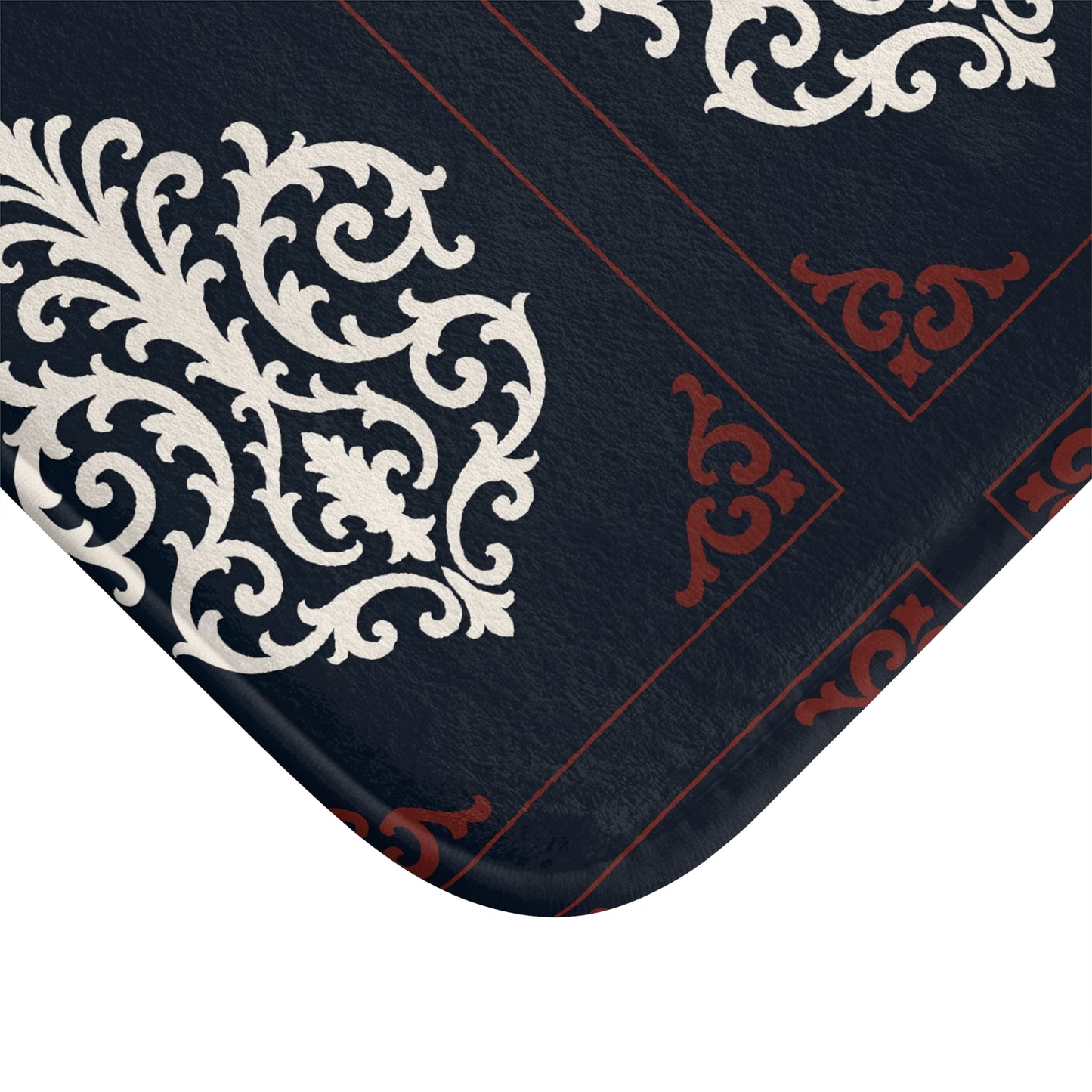 Dusk Blue-Maroon & White Baroque Bath Mat — Dusk Blue & White Ornamental Bathroom Rug
