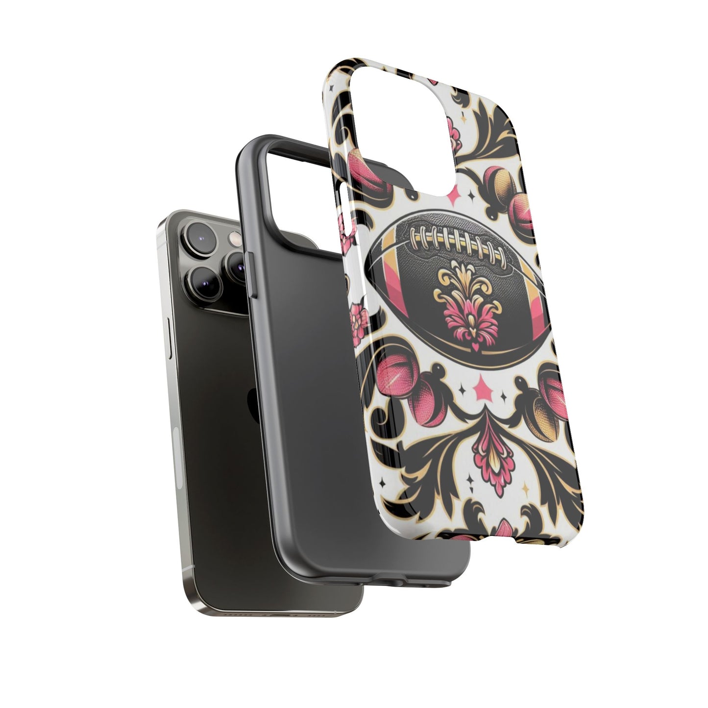 Elegant Floral Motif Phone Case - Tough Cases with Vintage Design - Damask White, Pink Gold & Black Football