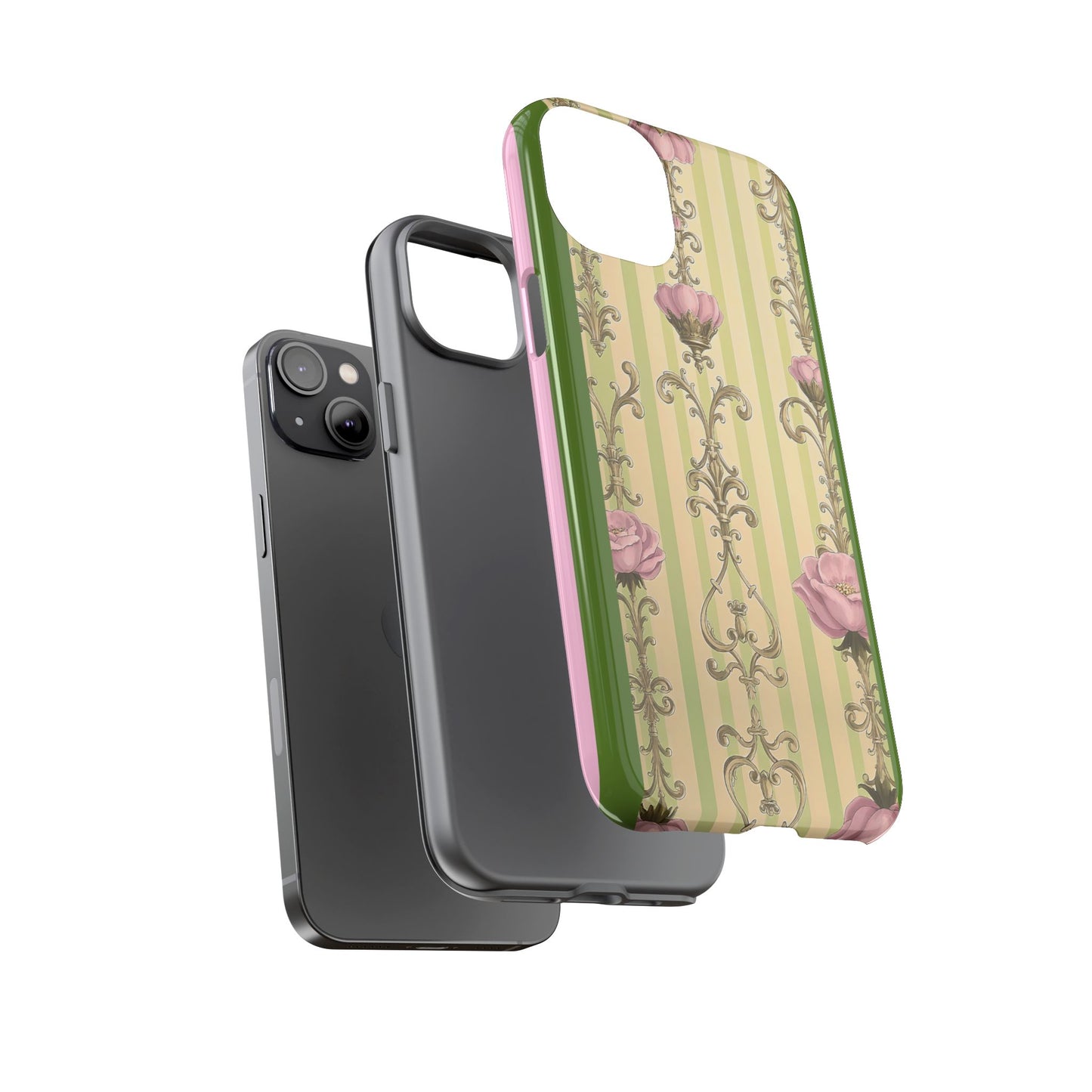 Elegant Floral Motif Phone Case - Tough Cases with Vintage Design - Lime Green & Pink Striped Damask