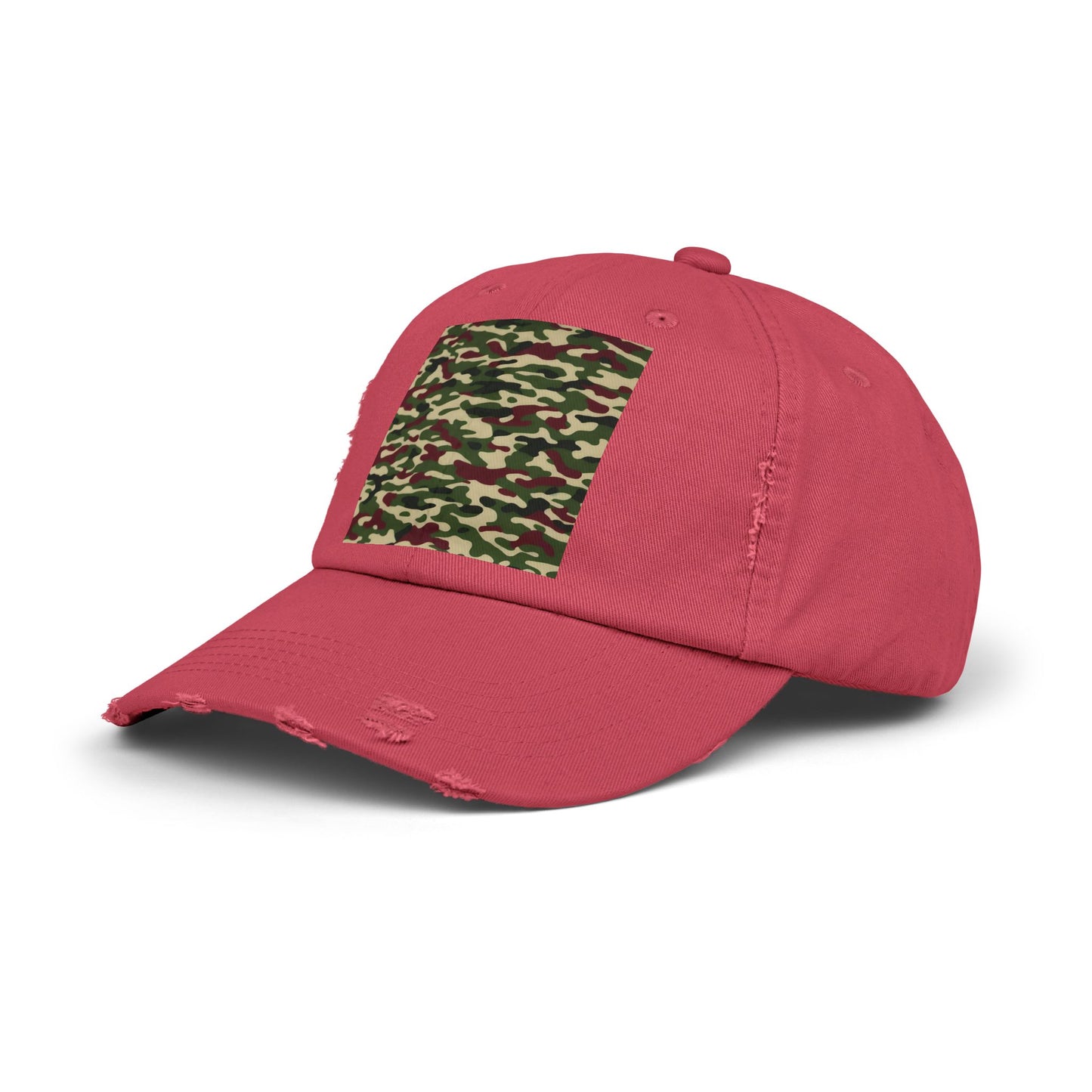 Camo Distressed Cap | Unisex Fashion Hat, Trendy Outdoor Accessory, Gift for Him/Her, Casual Wear, Sports Cap - Army Green & Burgundy Camo