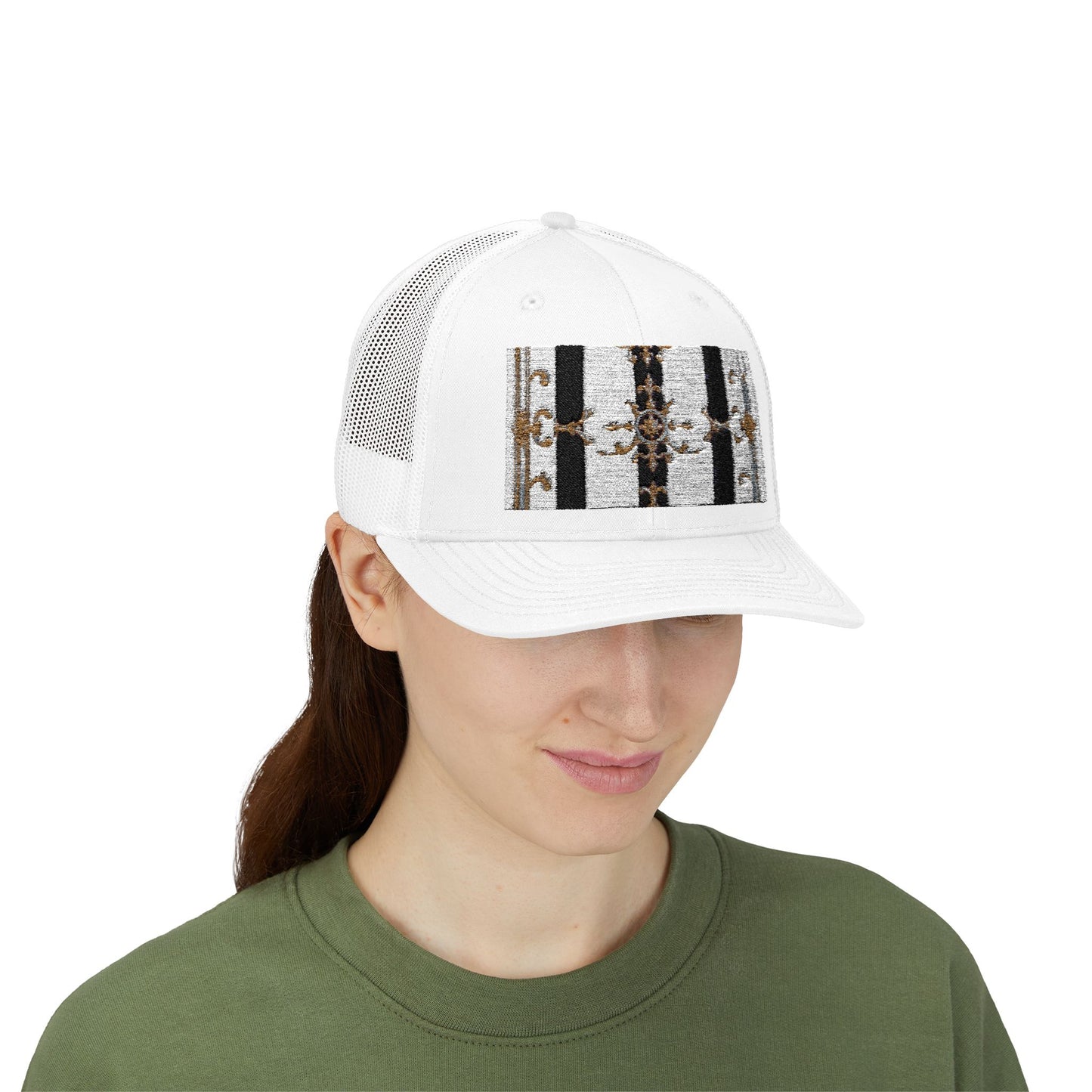 Trendy Snapback Trucker Cap, Casual Fashion Hat, Summer Accessory, Gift Idea for Cool Teens, Outdoor Activities - Black & White Striped Gold Baroque
