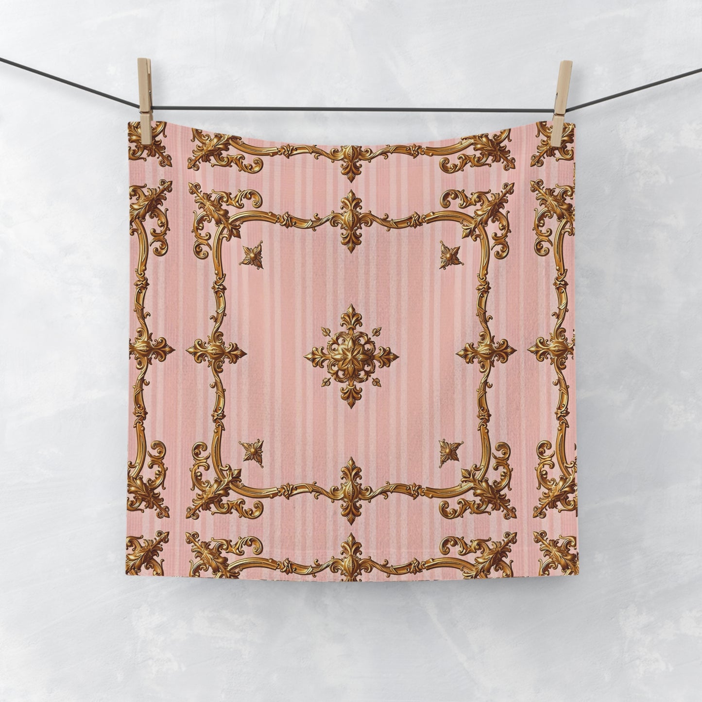 Elegant Vintage Pink Face Towel with Gold Baroque Design