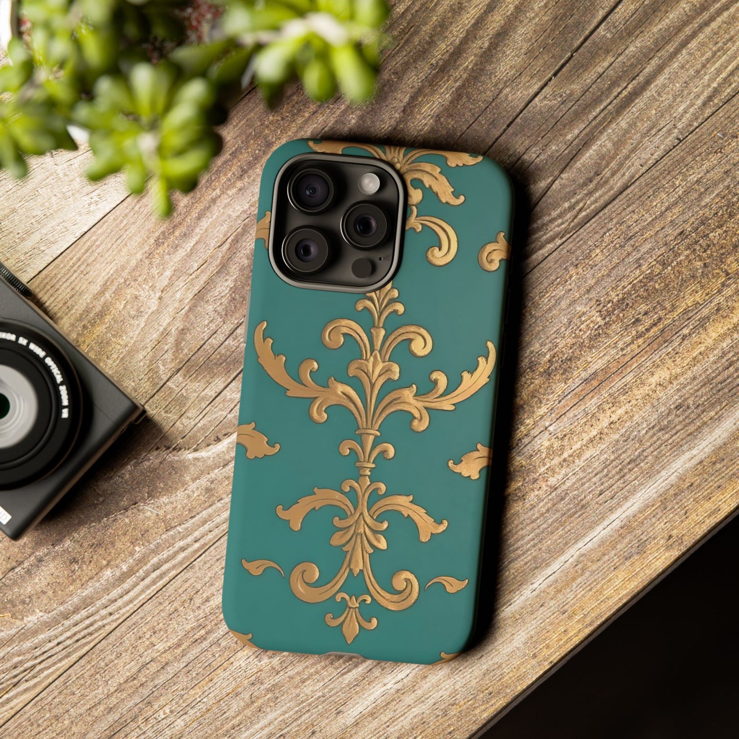 Elegant Floral Motif Phone Case - Tough Cases with Vintage Design - Aqua & Gold Damask