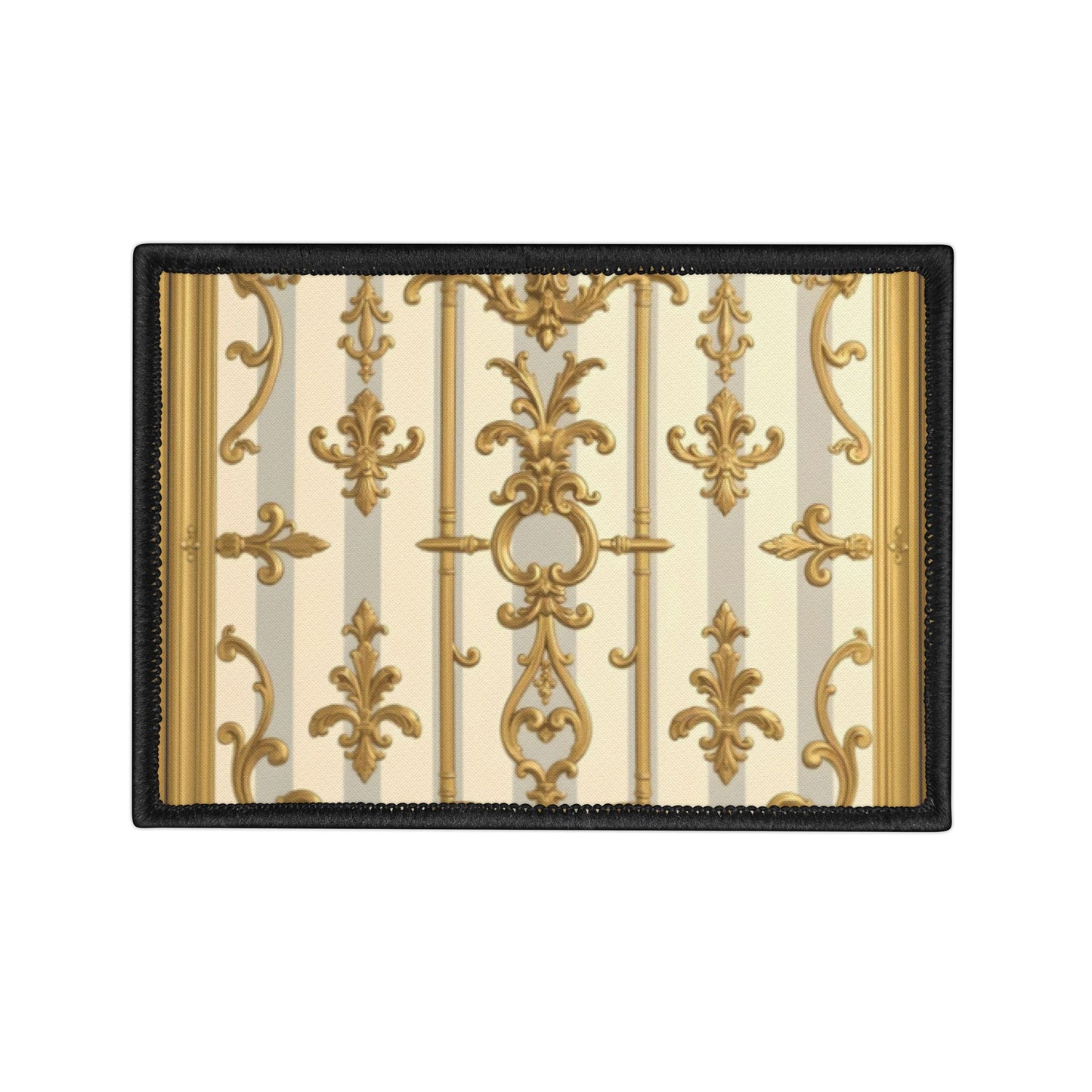 Vintage Chic Iron-On Patches, Customizable Fashion Accessories, Embellishments for Jackets, Bags - Matte Gray & Cream Striped Gold Baroque
