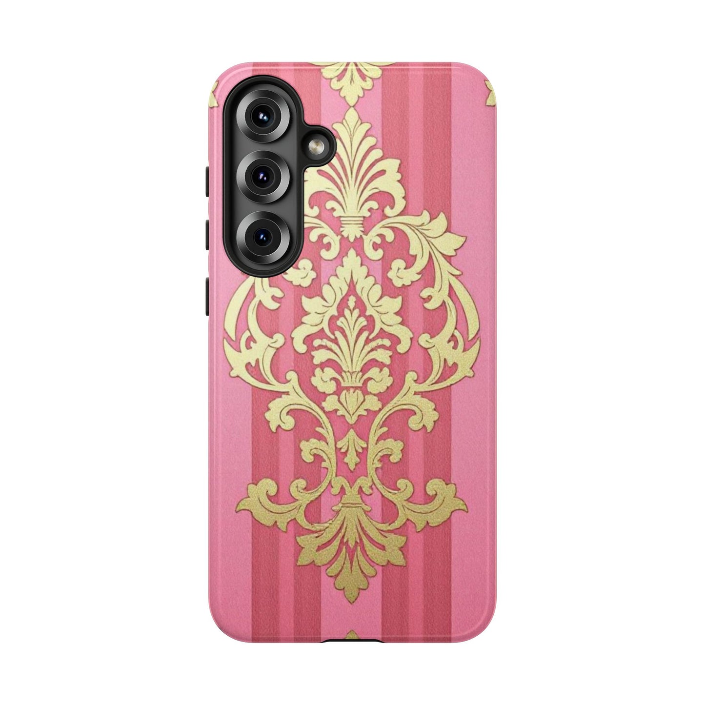 Elegant Floral Motif Phone Case - Tough Cases with Vintage Design - Pink Striped Damask