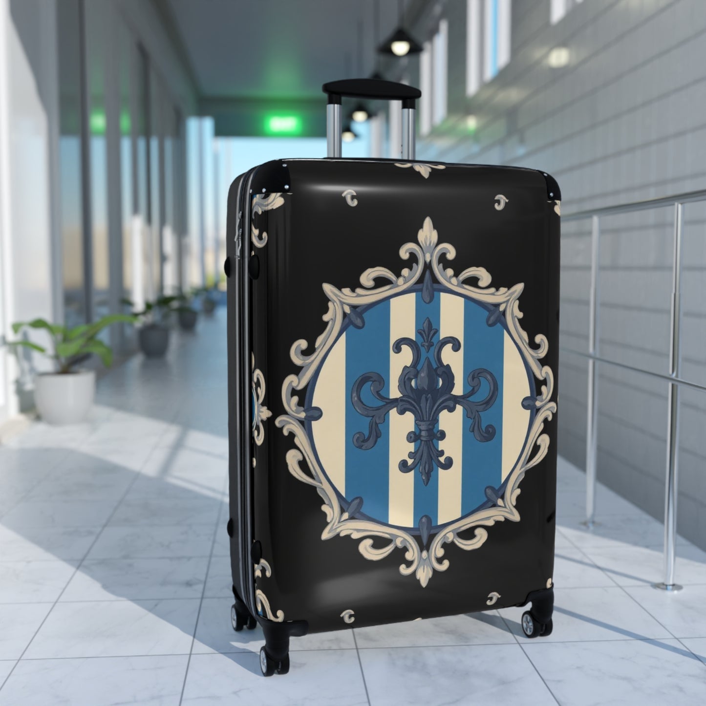 Elegant Blue & Alabaster Striped Baroque Travel Suitcase, Stylish Luggage, Personalized Travel Bag, Chic Weekender Bag, Vacation Essentials