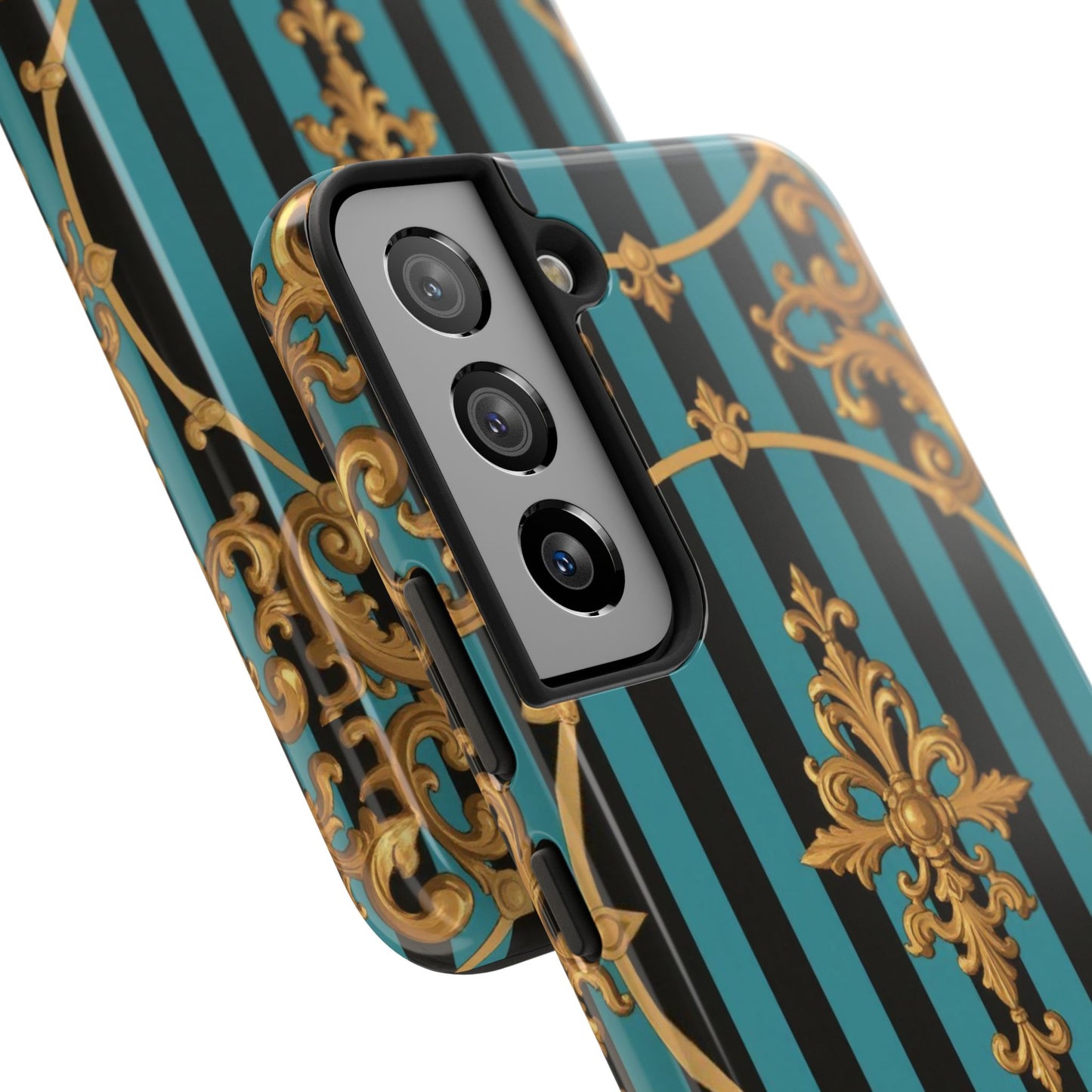 Elegant Turquoise & Black Striped Gold Baroque Phone Case, Tough Phone Cases for Fashion Lovers, Gift for Her, Luxury Accessories