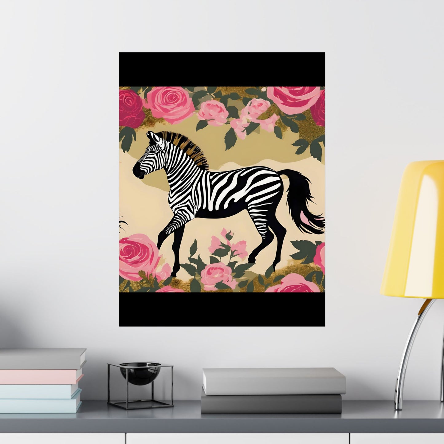 Floral Art Poster - Elegant Matte Vertical Wall Decor - Zebra In Olive & Pink Roses