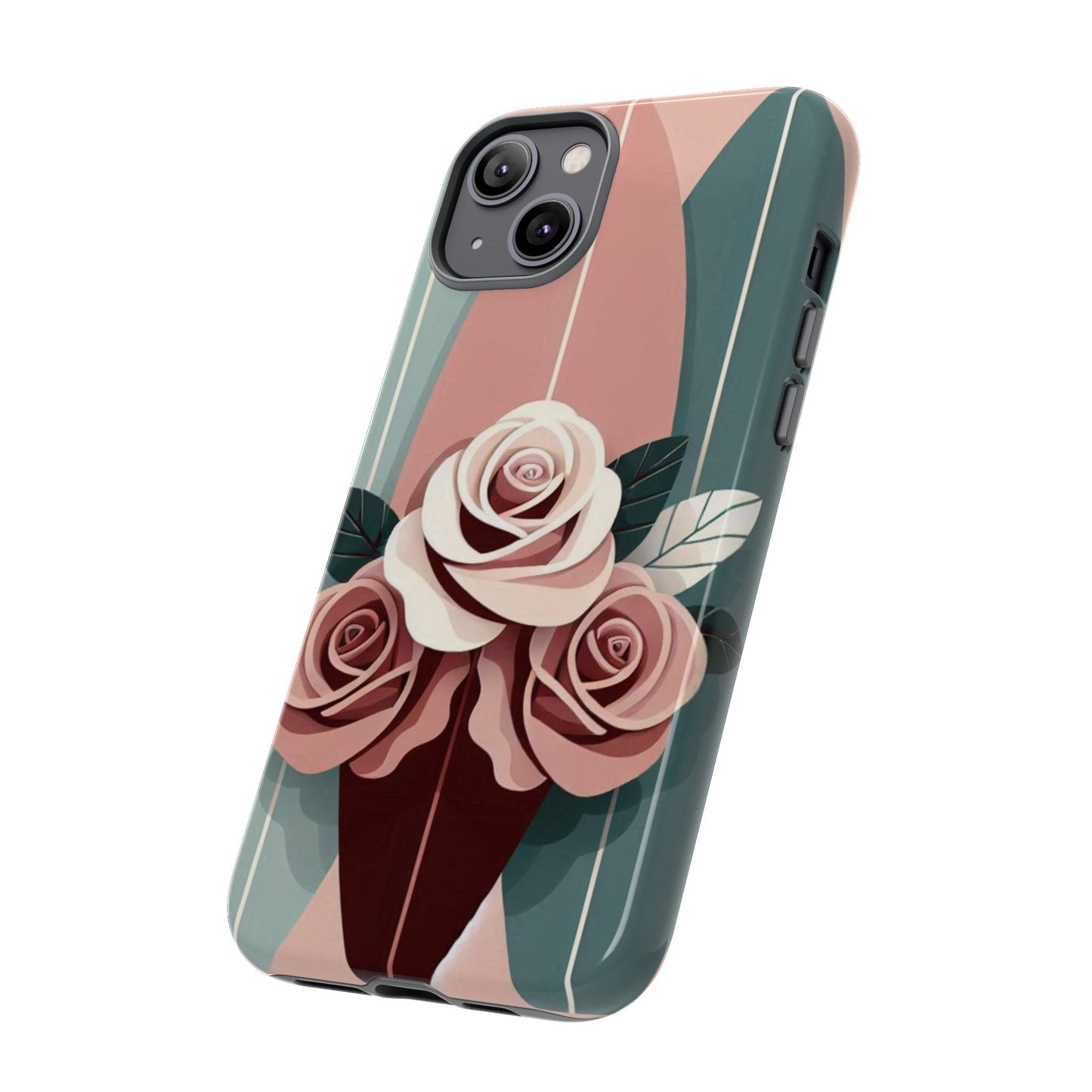 Phone Case - Burgundy, Matte Mauve & Teal Surfboard & Roses Design
