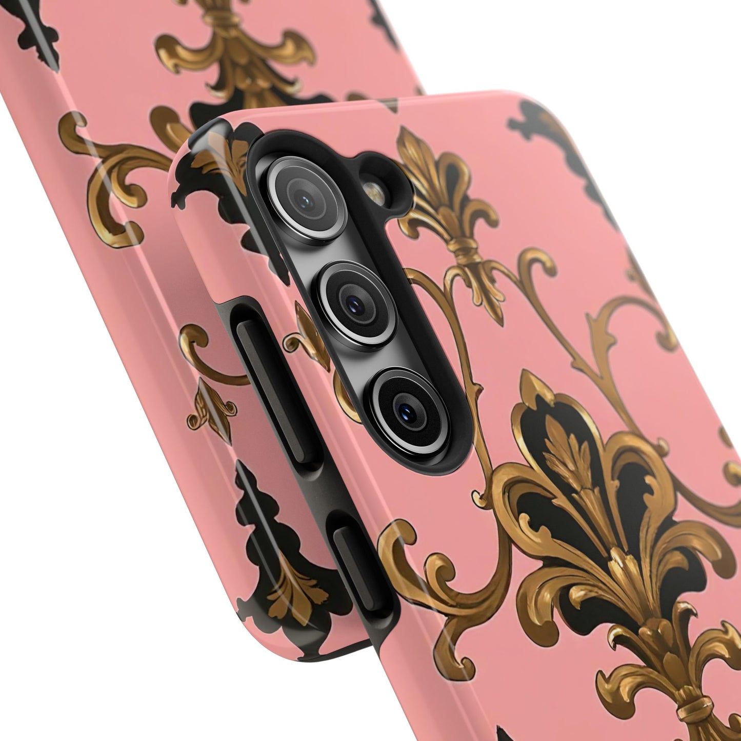 Chic Tough Phone Cases with Floral Design, Elegant Phone Cover, Durable Smartphone Case, Stylish Tech Accessory - Pink, Black & Gold Rococo