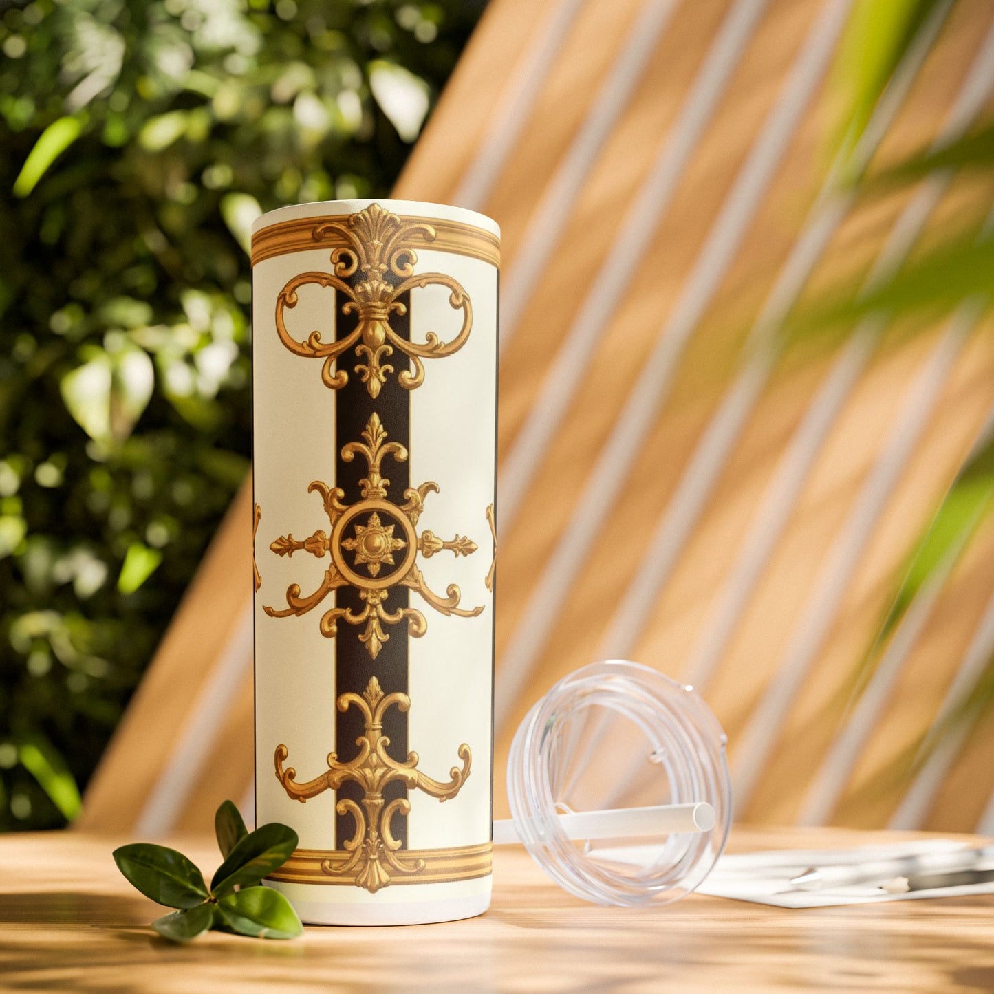 Elegant Gold Accents Skinny Tumbler, 20oz - Stylish Drinkware for Weddings, Parties, Gifts, or Everyday Use - Black & White Striped Gold Baroque