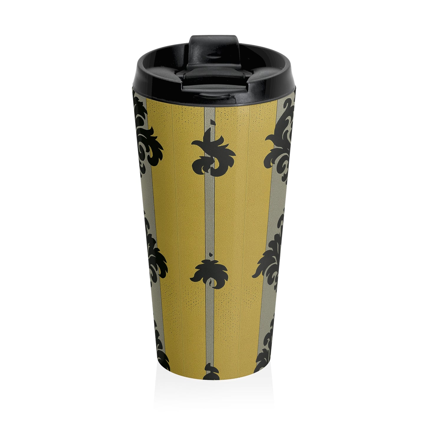 Stylish Travel Mug, Insulated Coffee Cup, Elegant Travel Tumbler, Coffee Lover Gift, Office Mug, Tea Container - Silver & Gold Striped Black Baroque