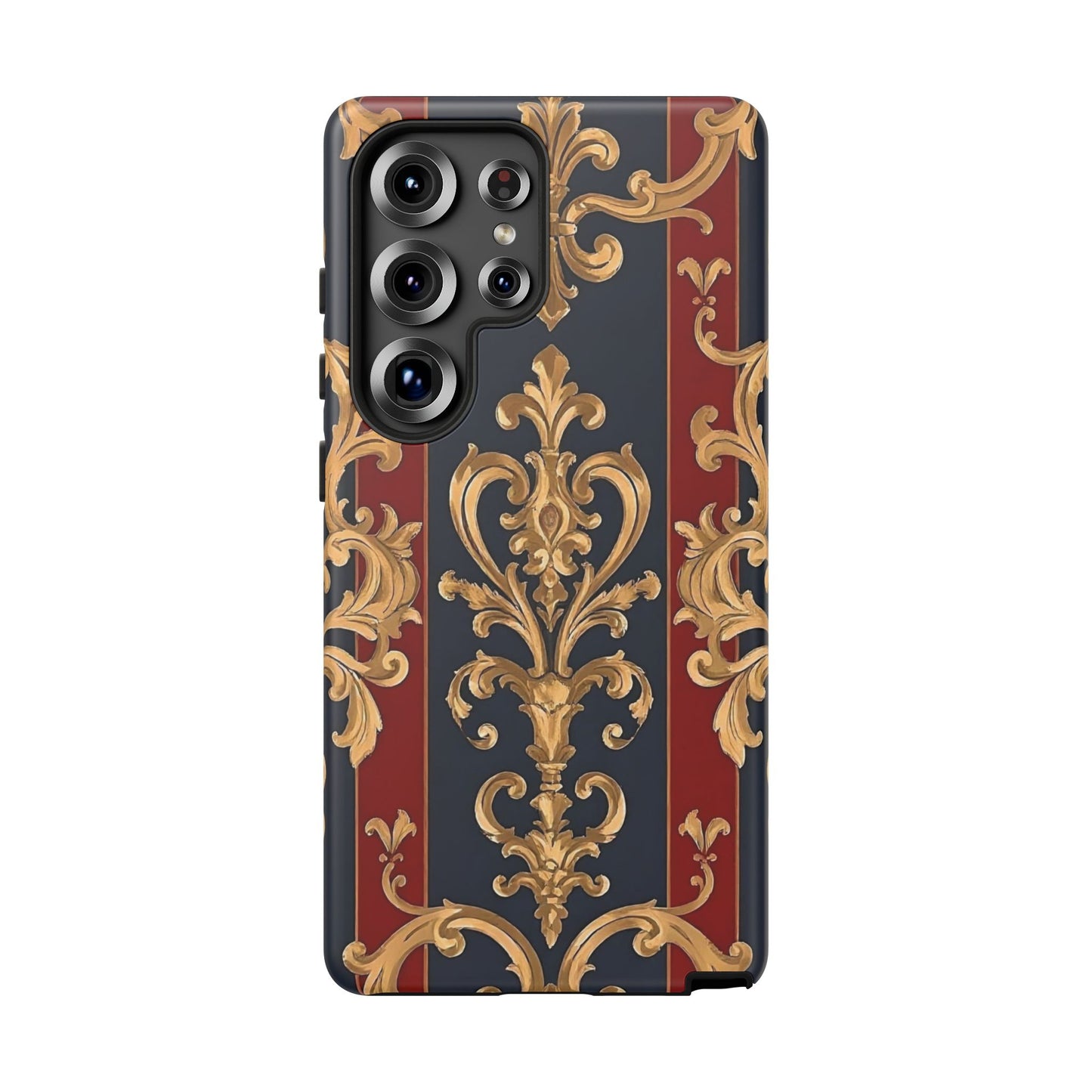 Elegant Floral Motif Phone Case - Tough Cases with Vintage Design - Midnight Blue & Dusk Red Striped Gold Damask