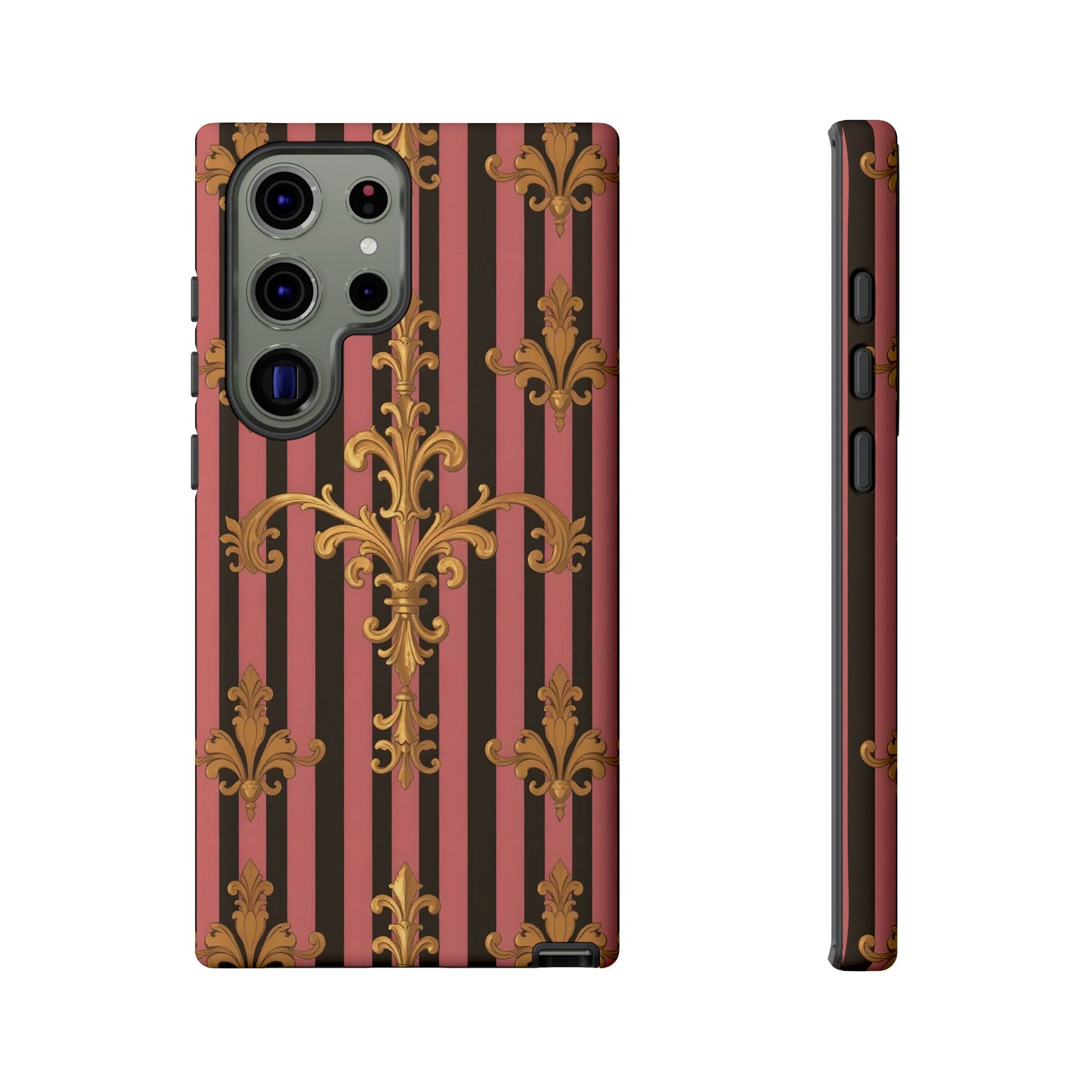 Elegant Floral Motif Phone Case - Tough Cases with Vintage Design - Mauve Striped Gold Damask