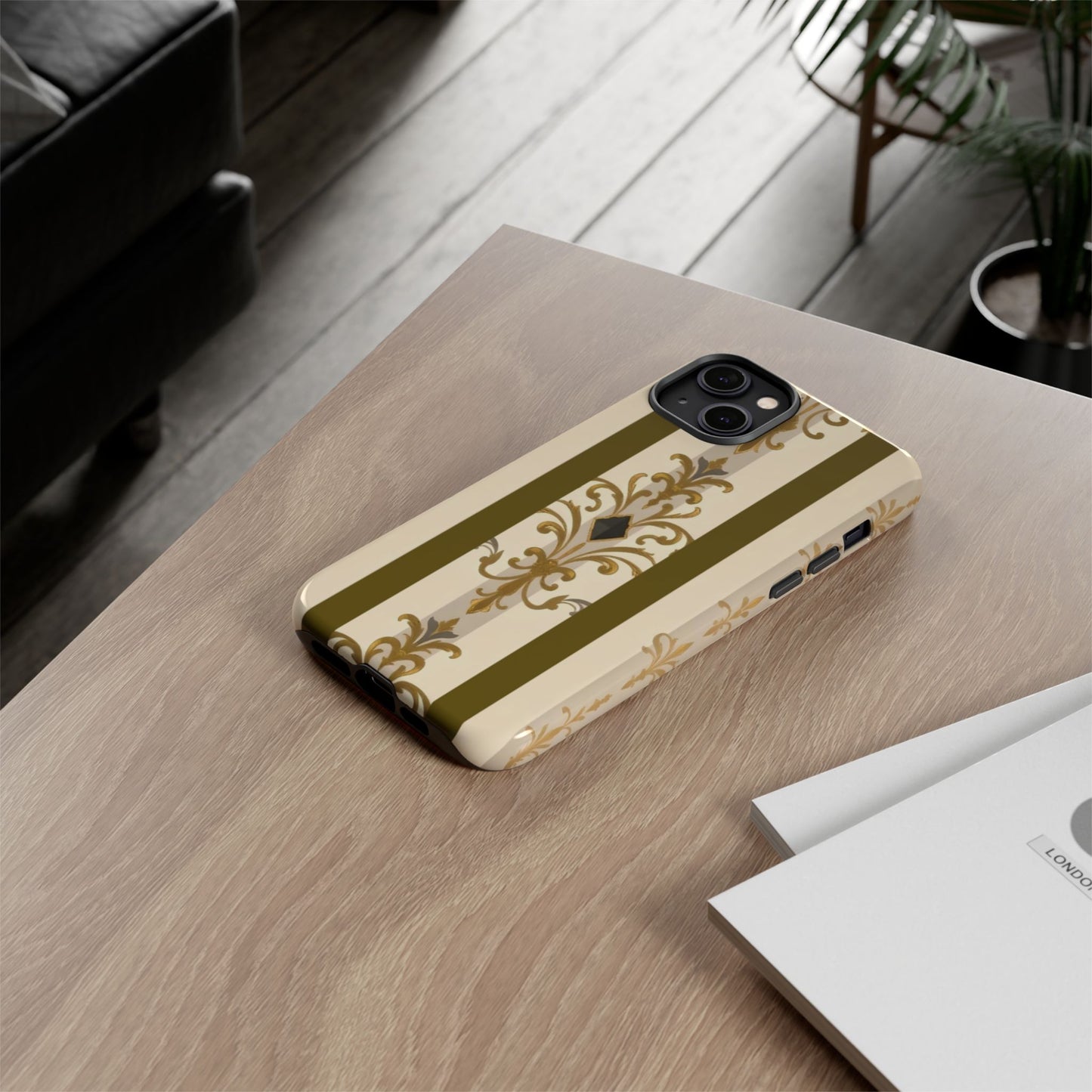 Elegant Floral Motif Phone Case - Tough Cases with Vintage Design - Olive Striped Gold Damask