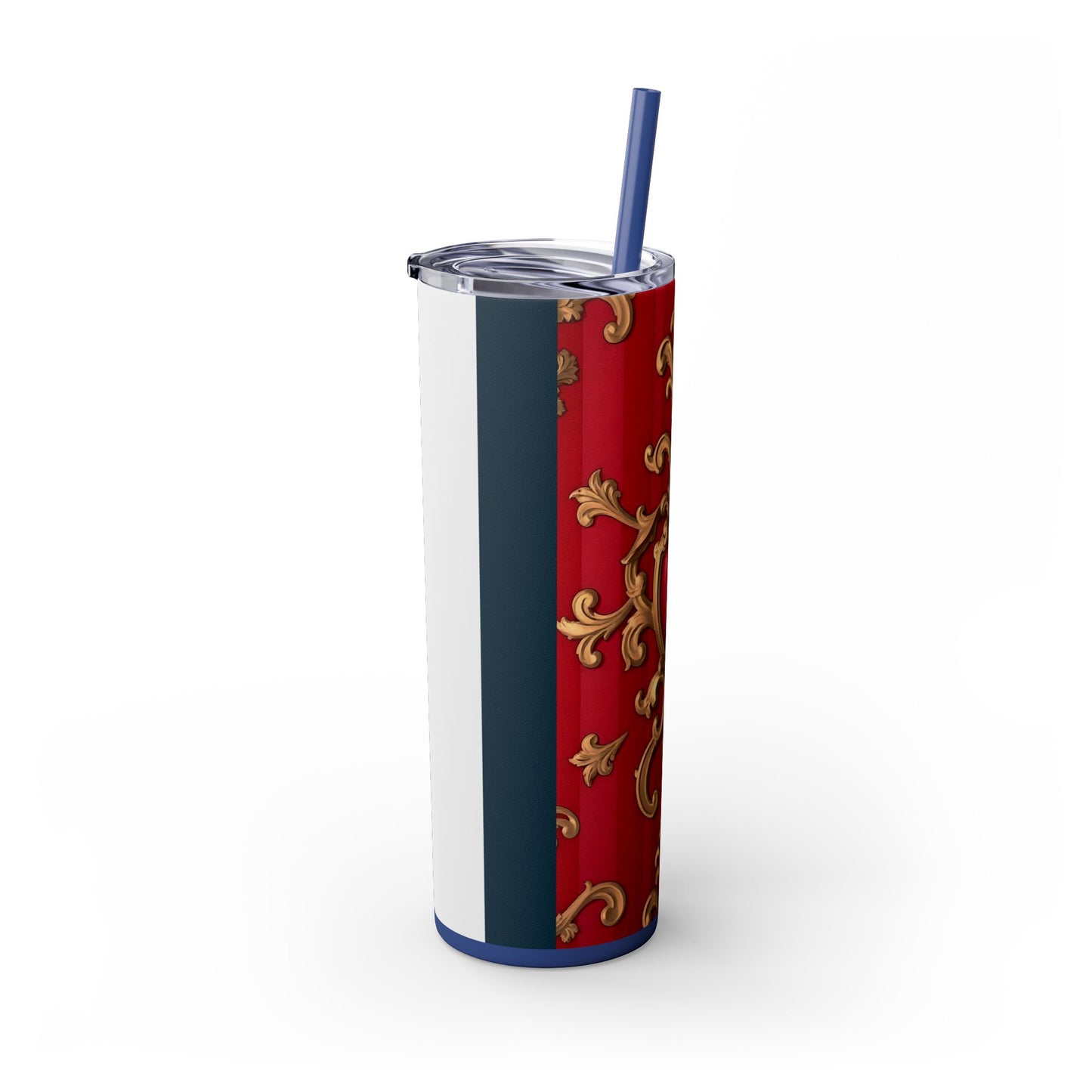 Elegant Red Ornate Skinny Tumbler, Stylish Travel Mug with Straw, Perfect for Gifts, Home Office - Blue, Red & White Striped Baroque
