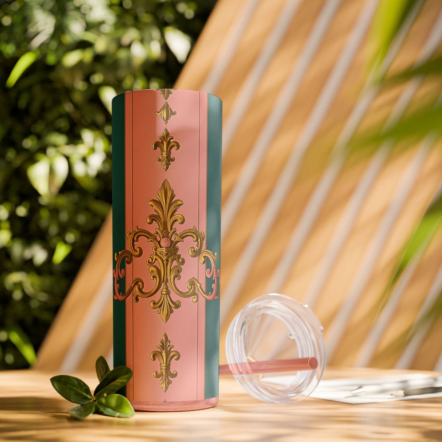 Elegant Pink and Green Skinny Tumbler with Straw, 20oz - Ideal for Gifts, Travel, Home, Events - Pink & Teal Striped Gold Baroque