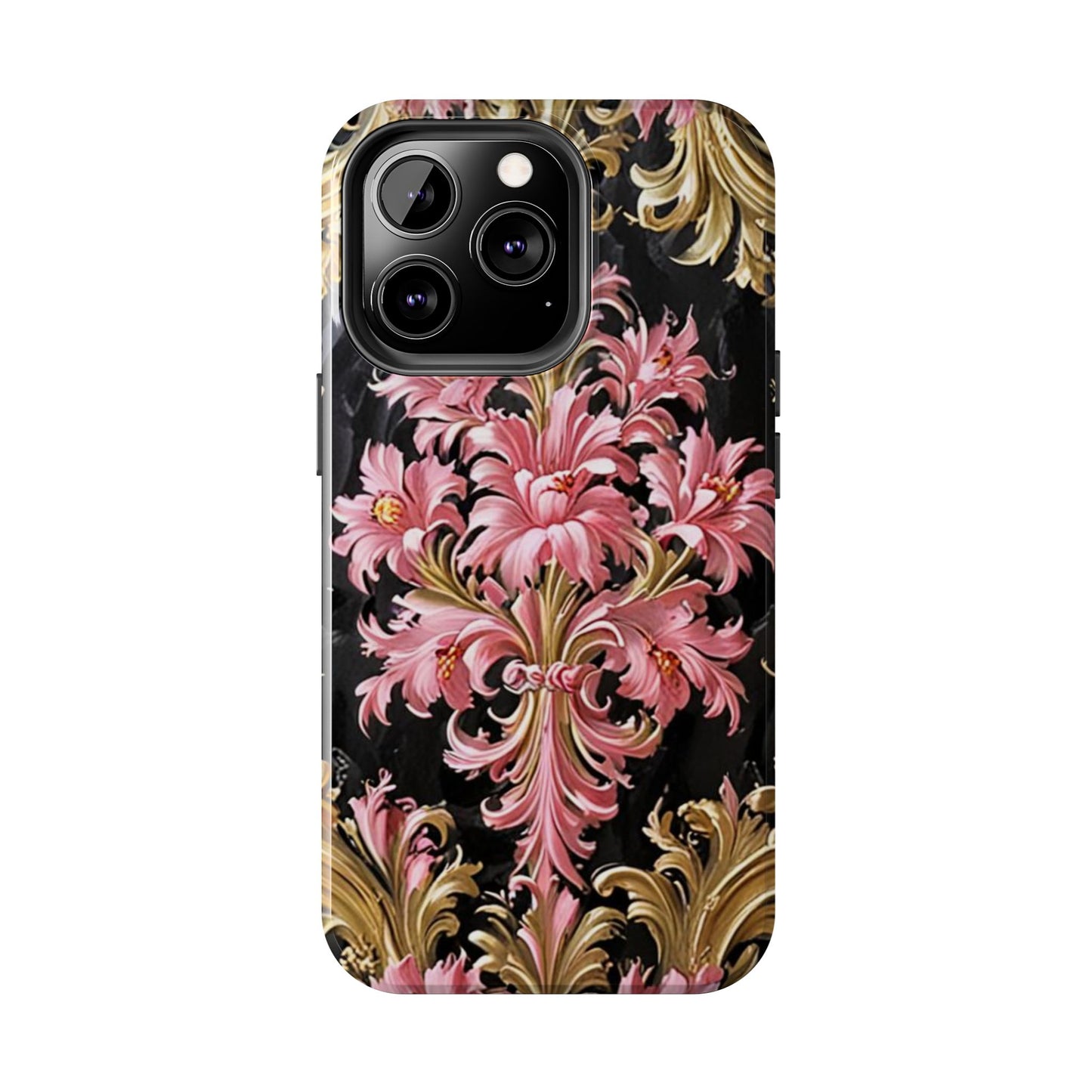 Elegant Floral Tough Phone Cases | Stylish Protection for Her | Gift for Birthdays - Black & Pink Oil Painting Style Rococo