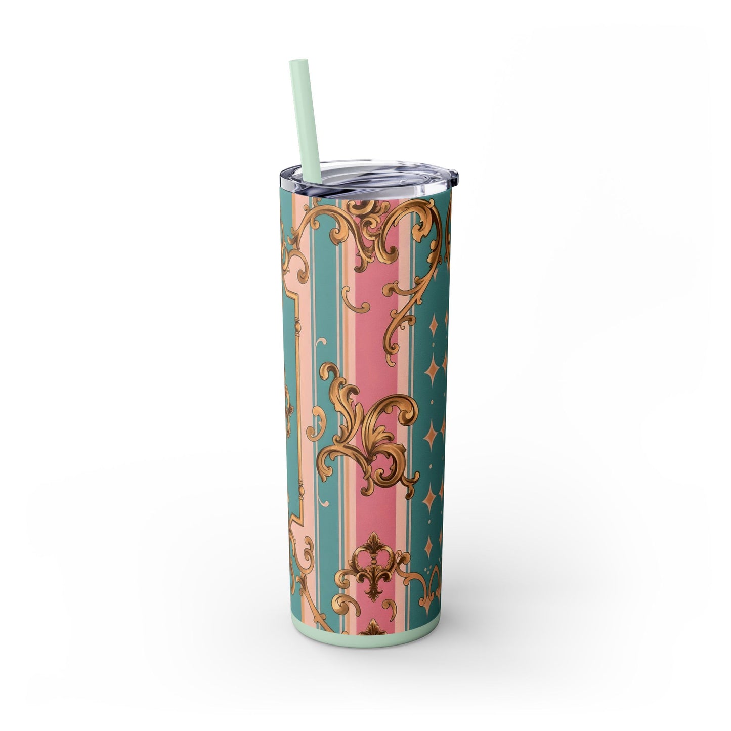 Elegant Floral Skinny Tumbler, 20oz Travel Mug, Stylish Drinkware, Perfect Gift for Her, Vintage Inspired - Pink & Matte Turquoise Striped Rococo