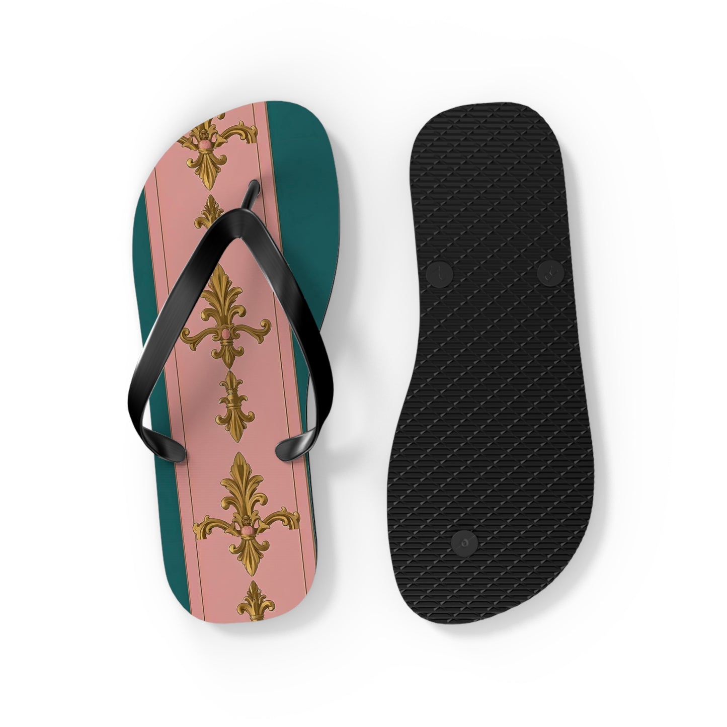 Chic Floral Flip Flops, Summer Sandals, Beach Footwear, Vacation Slides, Stylish Summer Accessories - Pink & Teal Striped Gold Baroque