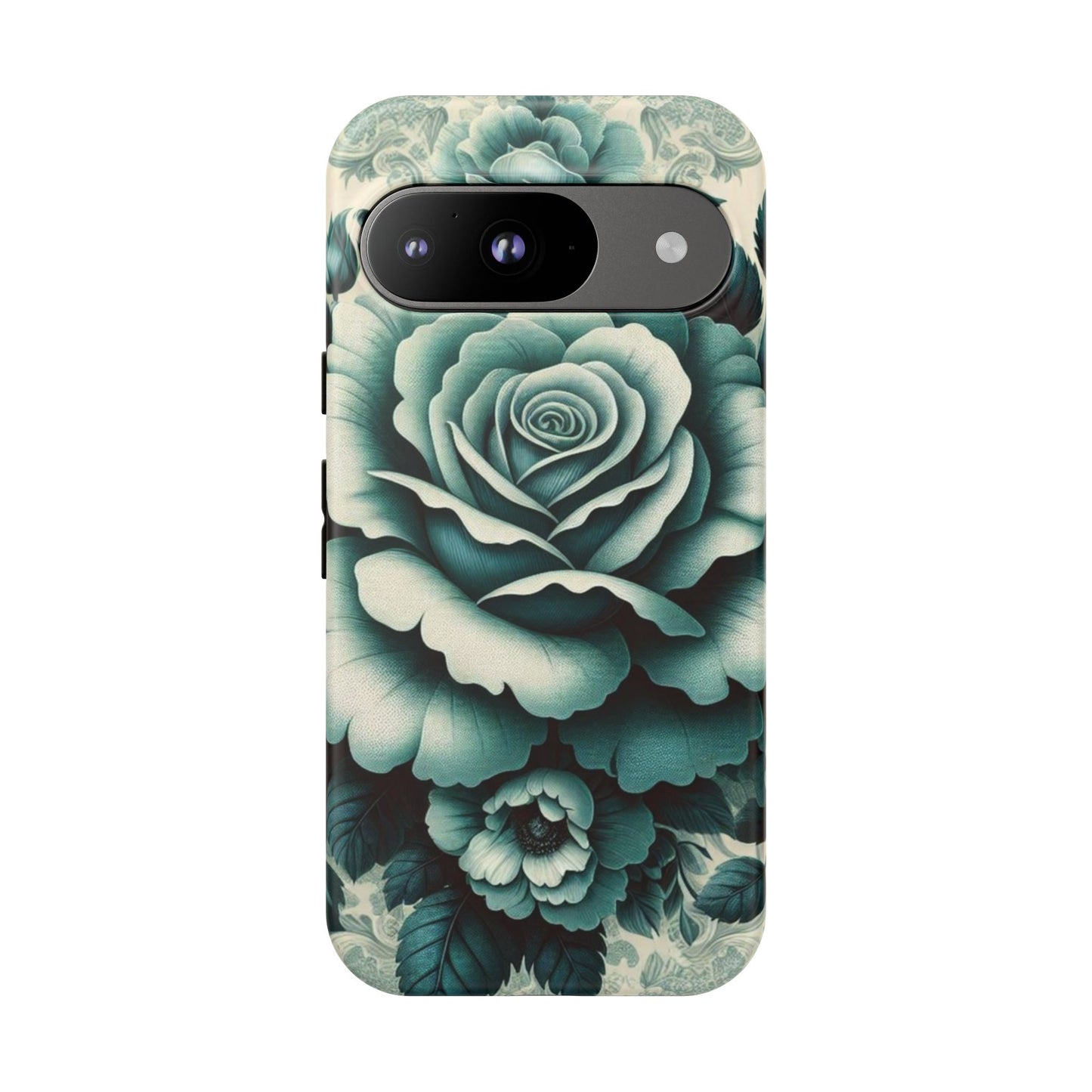 Elegant Floral Motif Phone Case - Tough Cases with Vintage Design - Teal Roses & Damask