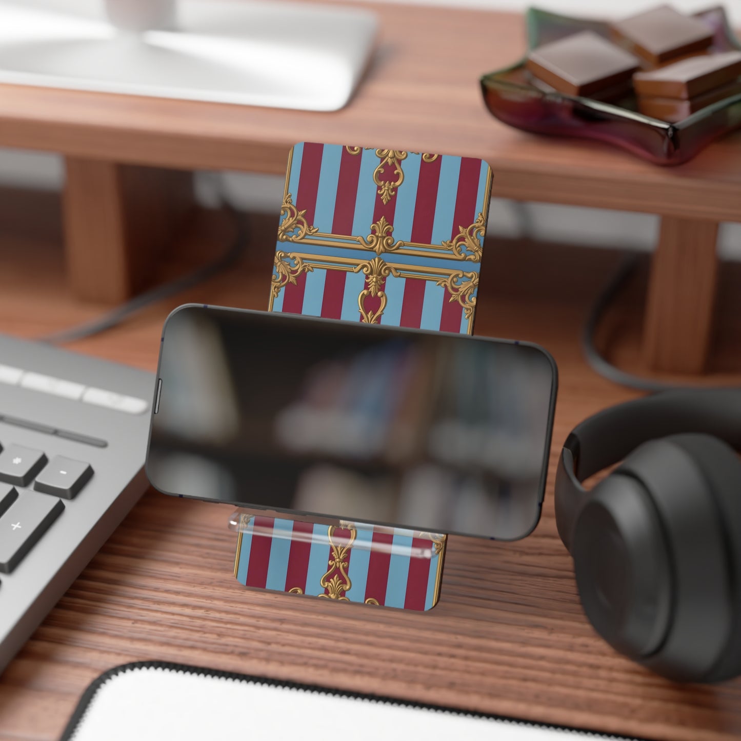 Elegant Smartphone Display Stand, Stylish Phone Holder, Desk Organizer, Gift for Home Office - Sky Blue & Maroon Striped Baroque