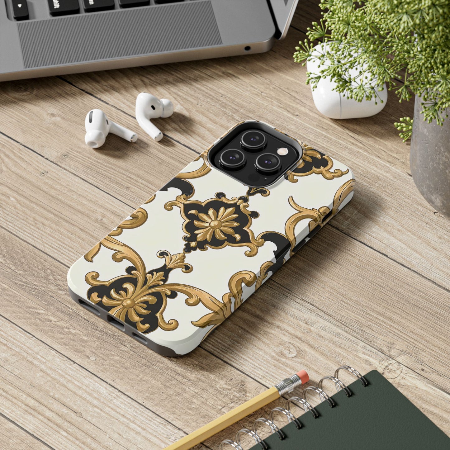 Elegant Floral Tough Phone Cases, Durable Phone Cover, Stylish Phone Accessories, Gift for Her, Chic Phone Cases - Black & Gold Rococo