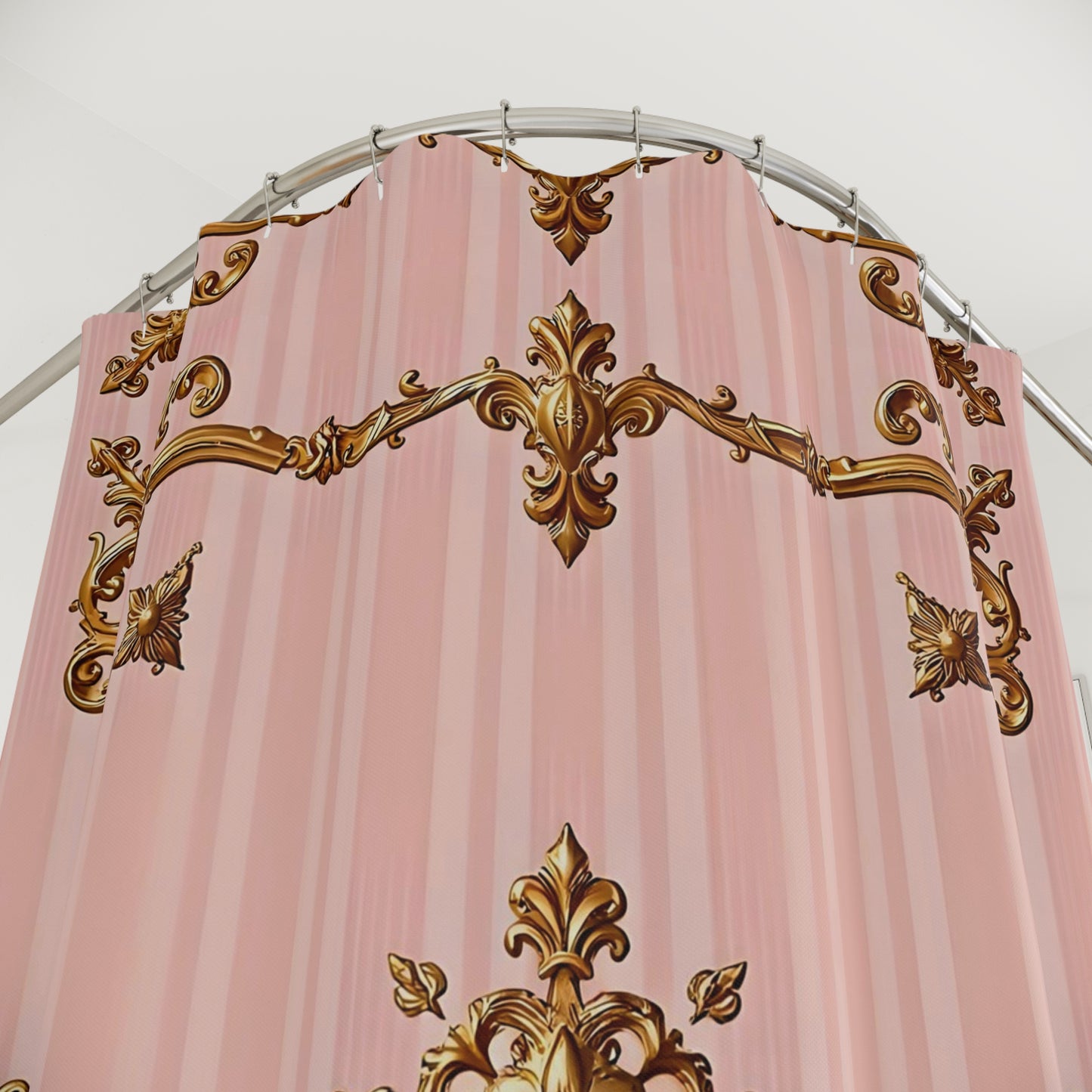 Elegant Vintage Floral Shower Curtain - Pink Striped Gold Baroque Design