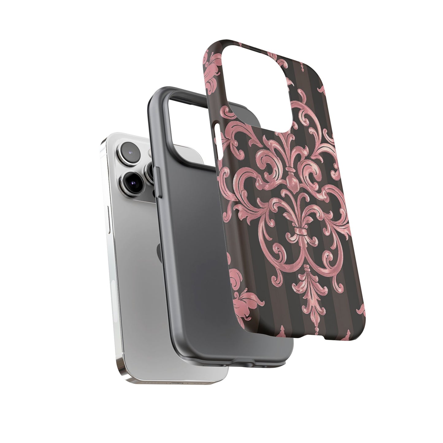 Elegant Floral Motif Phone Case - Tough Cases with Vintage Design - Brown Striped Mauve Damask