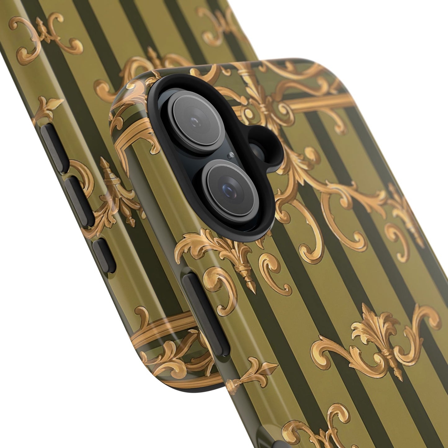 Elegant Vintage Phone Case - Tough Protection with Classy Design, Stylish Phone Cover for Fashion Lovers - Olive Green Striped Rococo