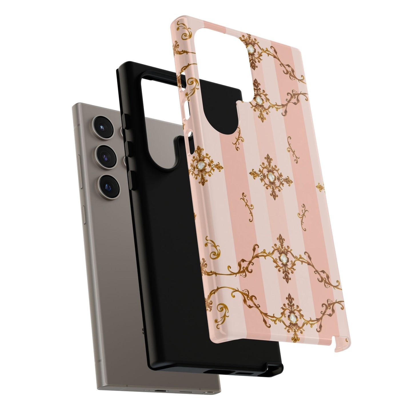 Elegant Floral Phone Case, Tough Cases for Women, Trendy Phone Cover, Chic Gift - Pink Jeweled Striped Gold Baroque