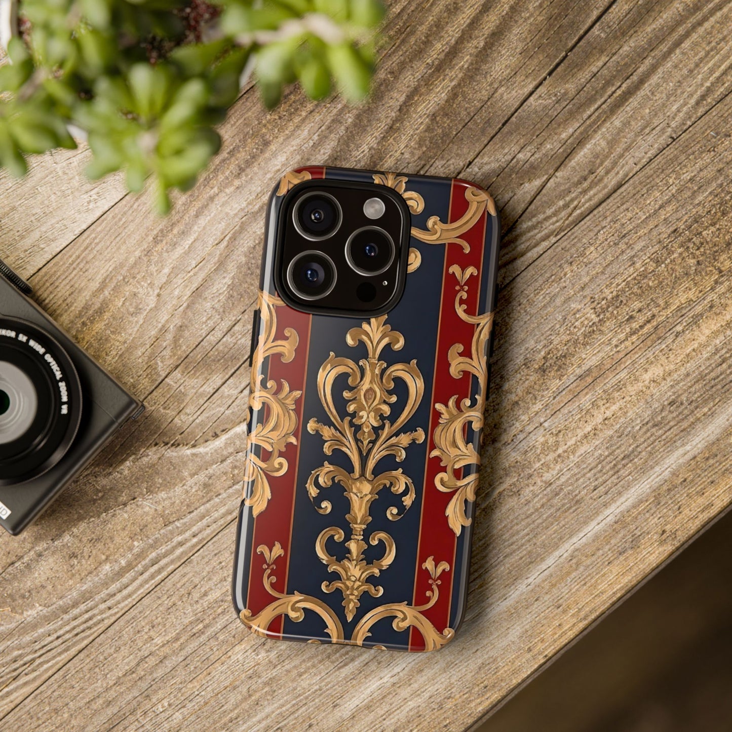 Elegant Floral Motif Phone Case - Tough Cases with Vintage Design - Midnight Blue & Dusk Red Striped Gold Damask