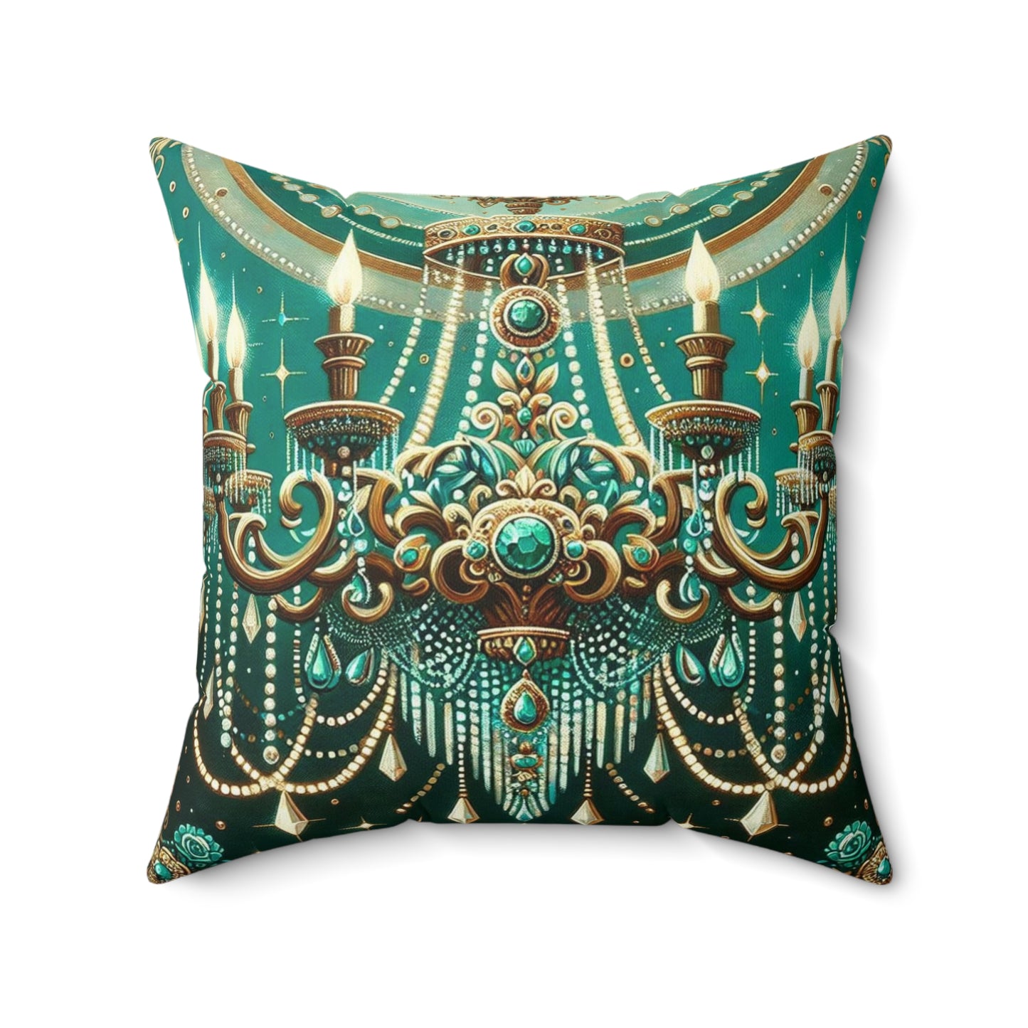 Chandelier Elegance Pillow | Decorative Throw Cushion, Bohemian Home Decor, Luxury Accent Pillow - Green & Gold Jeweled Chandelier