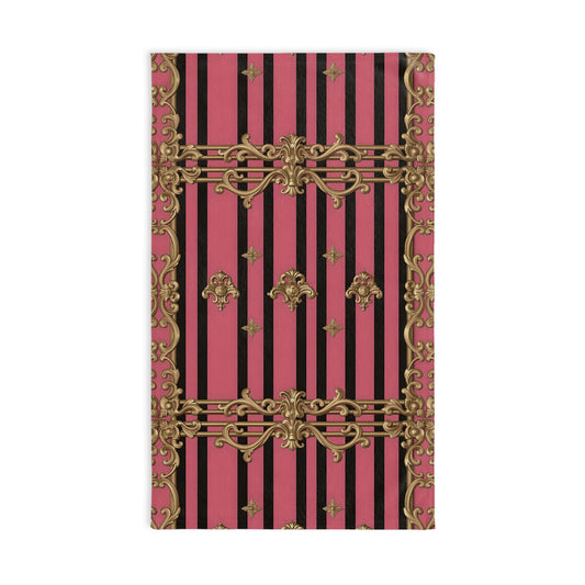 Chic Patterned Hand Towel with Gold Accents, Kitchen Decor, Glamorous Bathroom Towel, Elegant Home Accessory - Pink Striped Gold Rococo