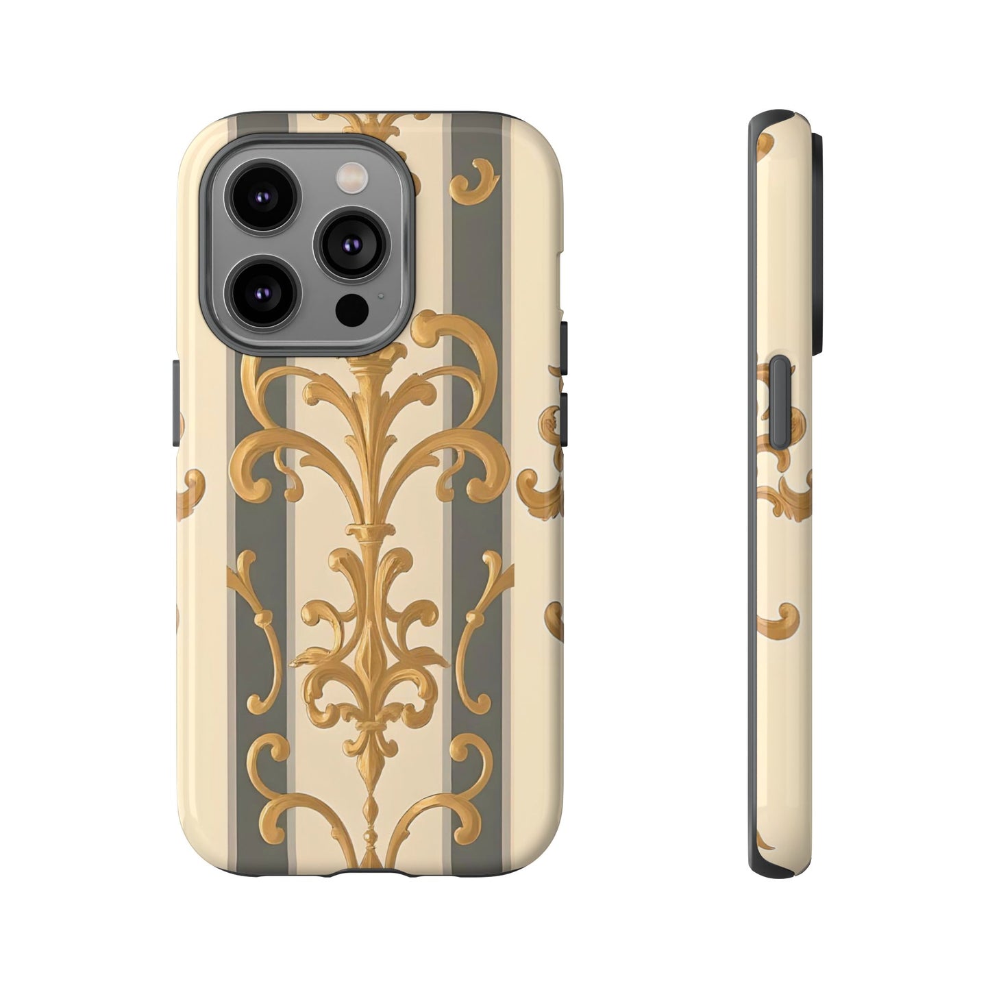 Elegant Floral Motif Phone Case - Tough Cases with Vintage Design - Dusk Olive Striped Gold Damask