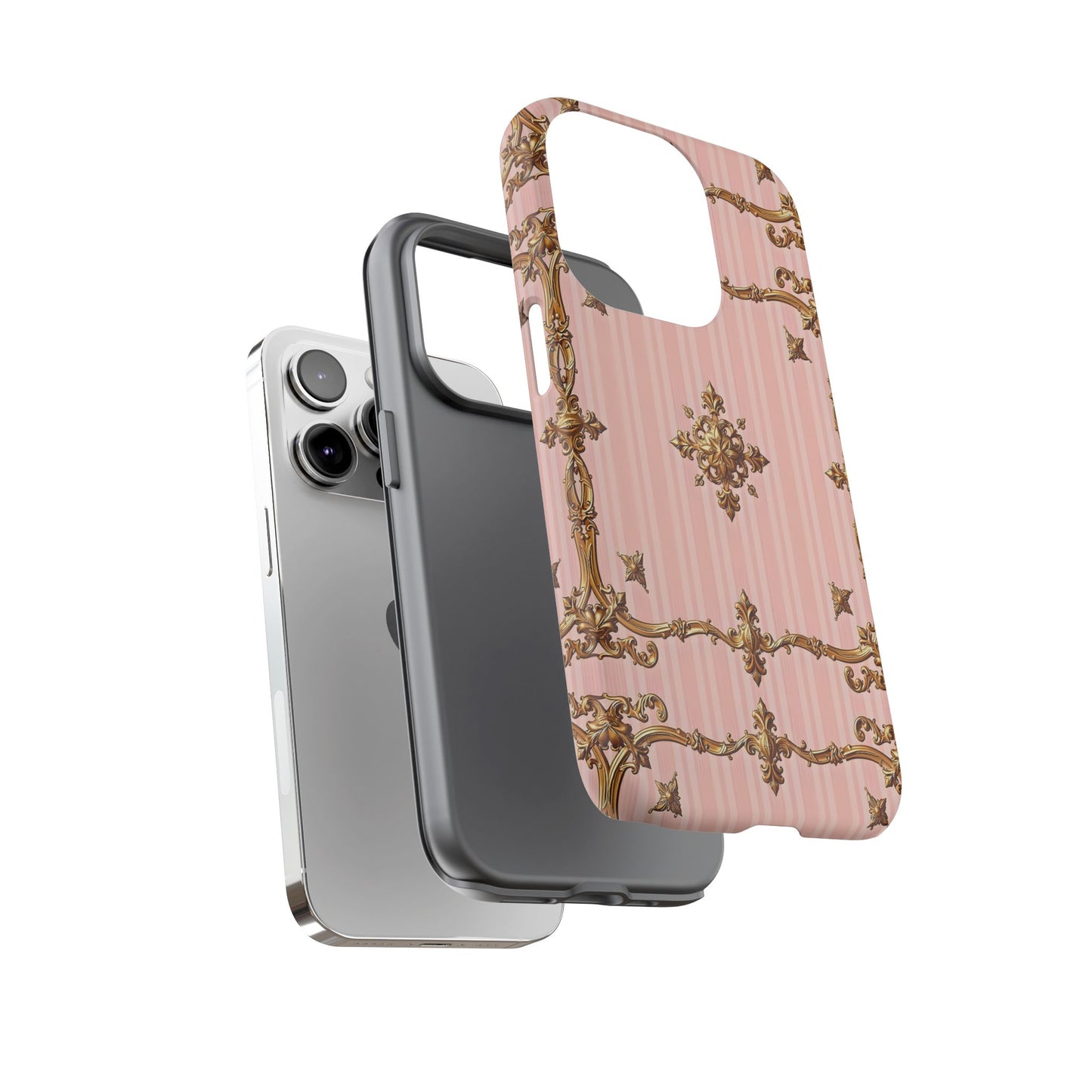Elegant Floral Phone Case, Tough Cases for Women, Trendy Phone Cover, Chic Gift - Pink Striped Gold Baroque
