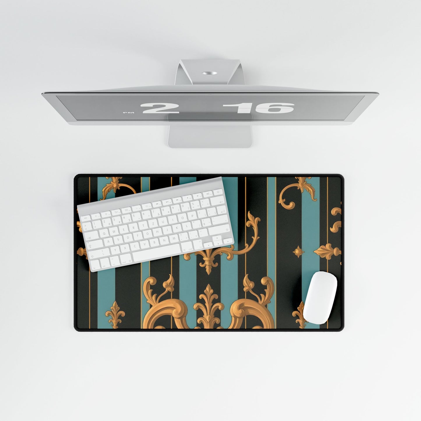 Elegant Black & Gold Desk Mats for Home Office, Stylish Desk Accessories, Work From Home Decor - Black & Turquoise Striped Baroque