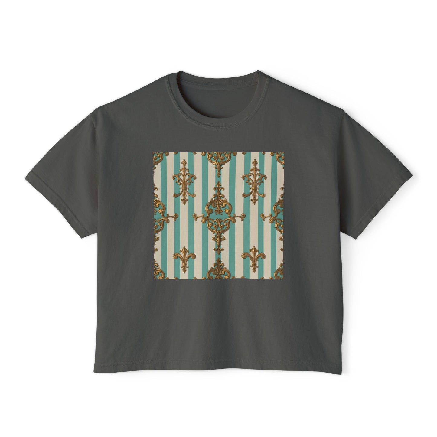 Chic Floral Women's Boxy Tee, Casual Summer Top, Trendy Graphic Shirt, Perfect Gift for Her - Matte Green Striped Rococo