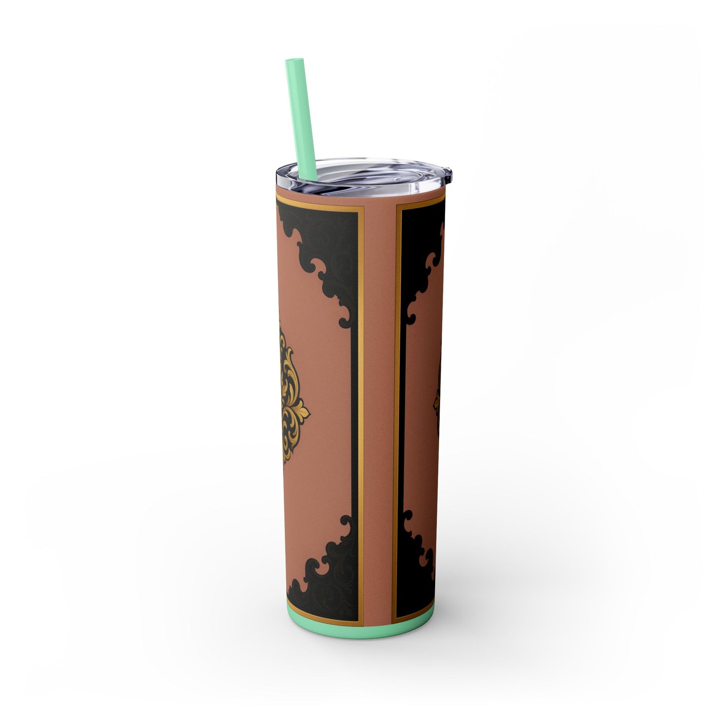 20oz Skinny Tumbler with Straw — Vintage Mauve & Black-Gold Baroque Design