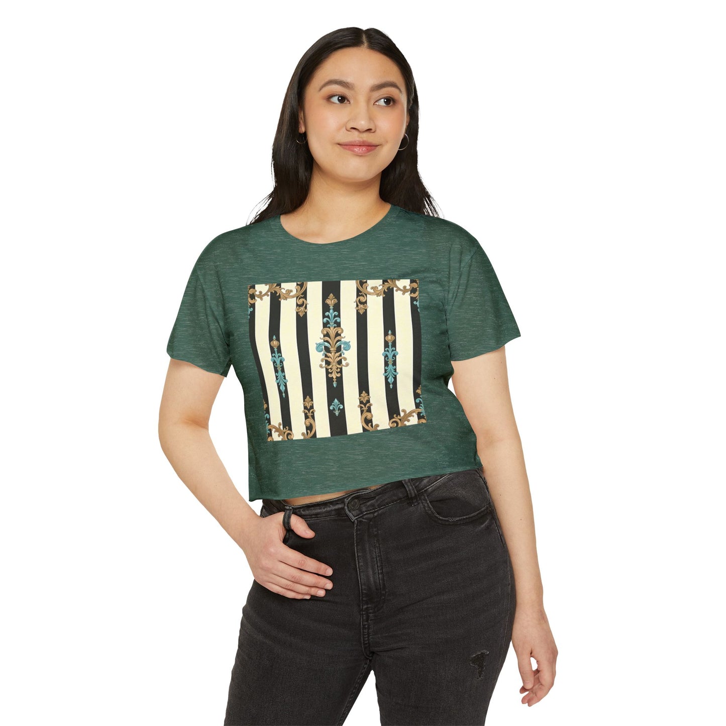 Bohemian Festival Crop Top, Stylish Summer Tee, Casual Day Out Shirt, Trendy Women’s Apparel - Black Striped Turquoise & Black Rococo