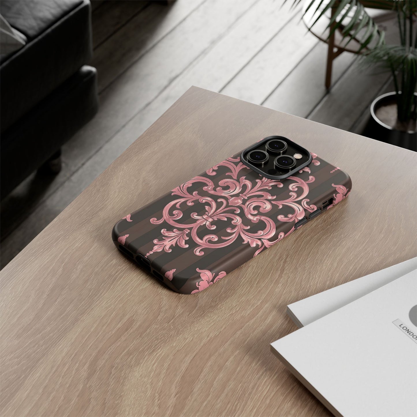 Elegant Floral Motif Phone Case - Tough Cases with Vintage Design - Brown Striped Mauve Damask