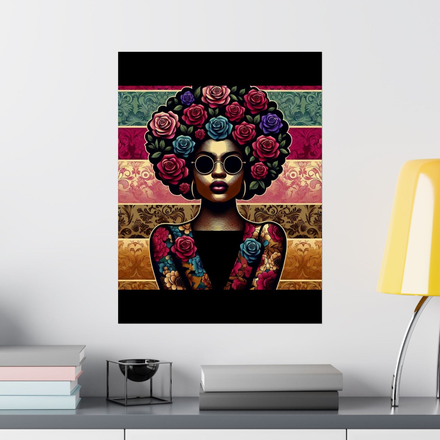 Floral Afro Art Poster - Elegant Matte Vertical Wall Decor - Lady With Damask & Roses