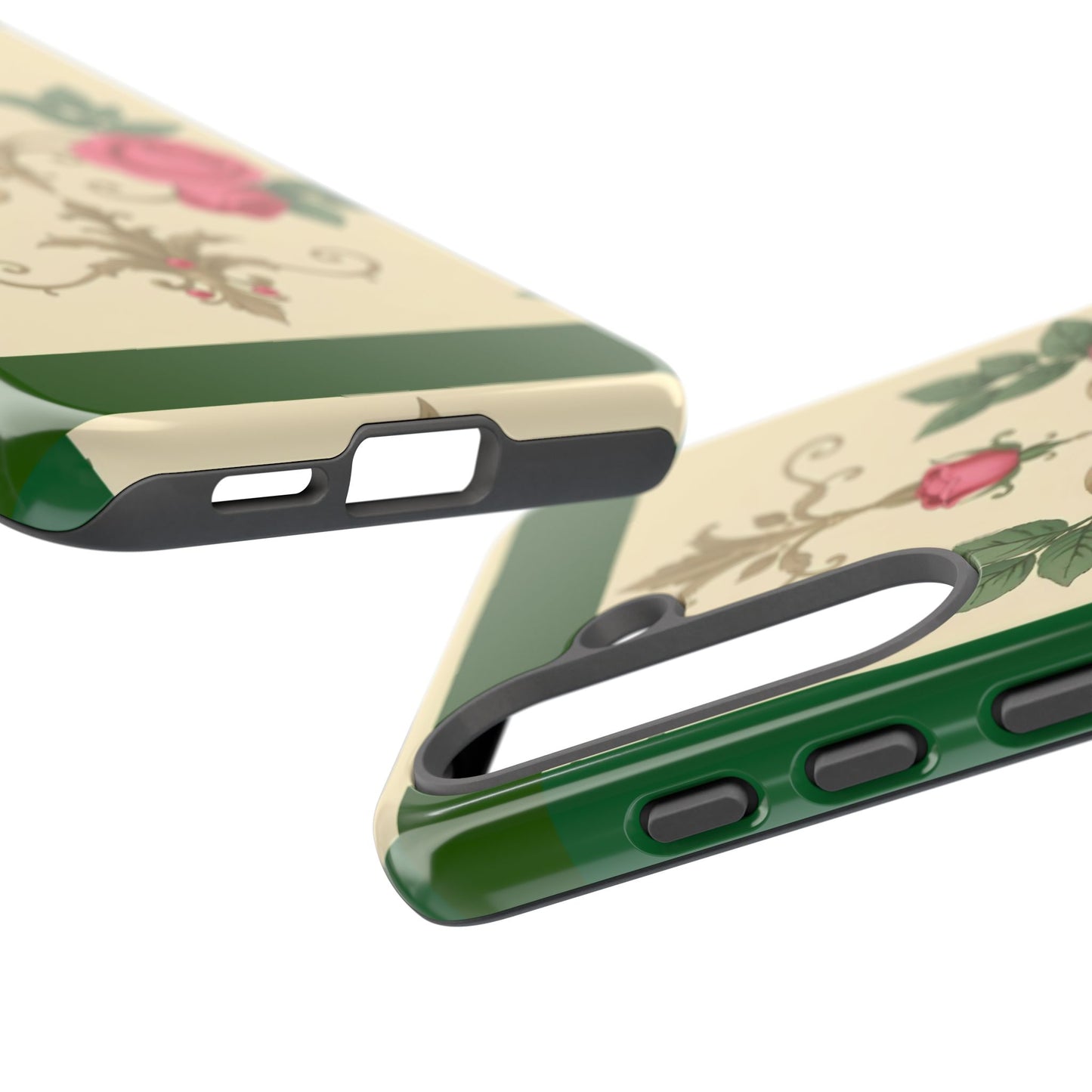 Elegant Floral Motif Phone Case - Tough Cases with Vintage Design - Green Border Roses & Damask