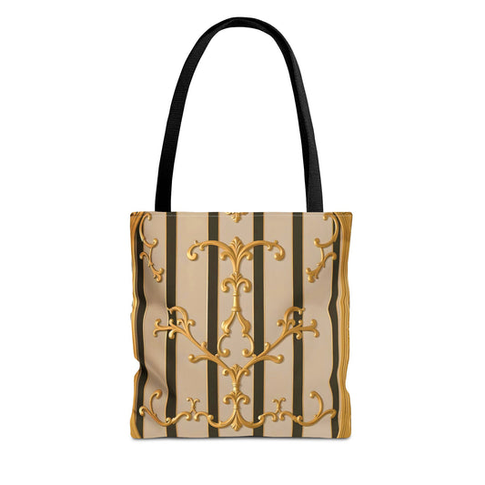 Elegant Gold Pattern Tote Bag - Stylish Carryall for Everyday Use, Eco-Friendly Shopping, Gift for Her - Beige Striped Gold Rococo