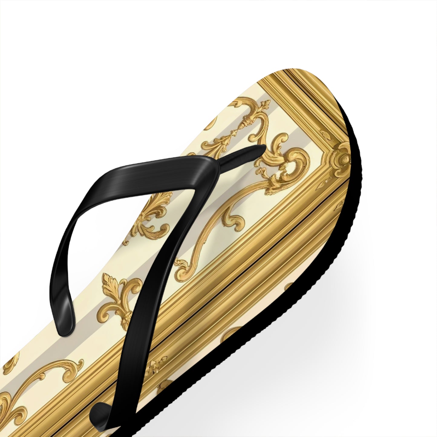 Chic Decorative Flip Flops for Beach, Summer Vibes, Vacation Footwear, Luxury Poolside Slippers - Matte Gray & Cream Striped Gold Baroque