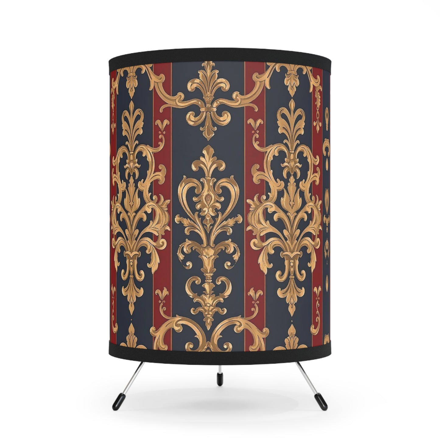 Elegant Tripod Lamp with Vintage Floral Print Shade - High-Res Home Accent - Midnight Blue & Dusk Red Damask