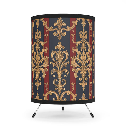 Elegant Tripod Lamp with Vintage Floral Print Shade - High-Res Home Accent - Midnight Blue & Dusk Red Damask