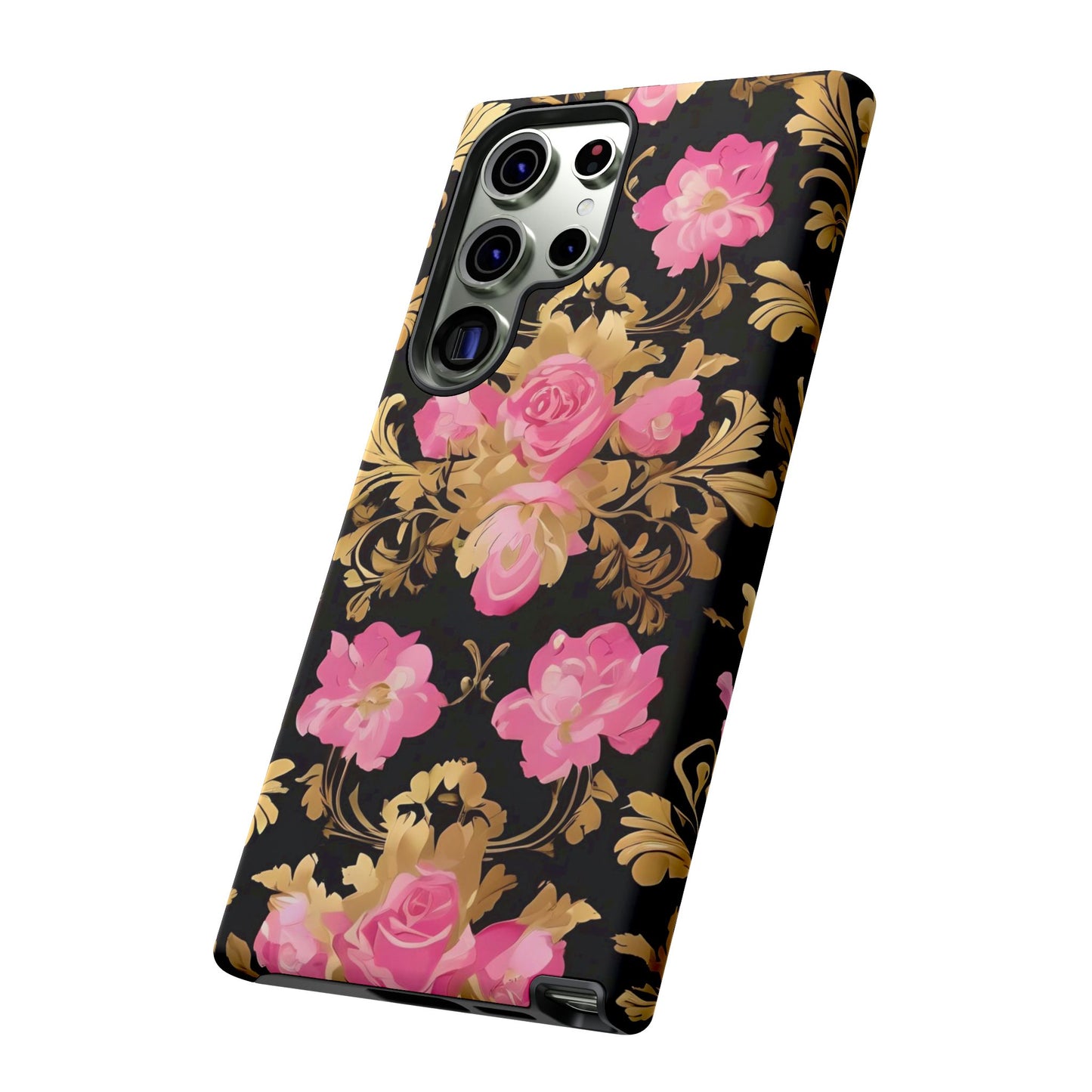 Elegant Floral Motif Phone Case - Tough Cases with Vintage Design - Pink & Gold Roses