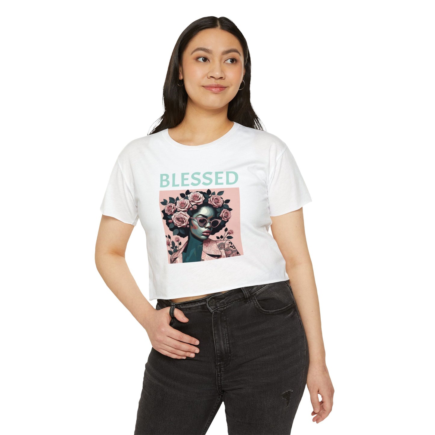 Women's Festival Crop Top - Blessed Graphic Tee, Boho Style Shirt, Summer Outfit, Gift for Her, Festival Wear, Trendy Casual Top - Mint Lettering